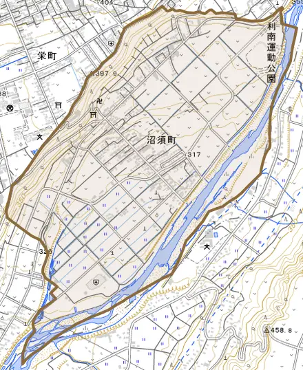 沼須町とその周辺の地図。町の範囲を重ねている
