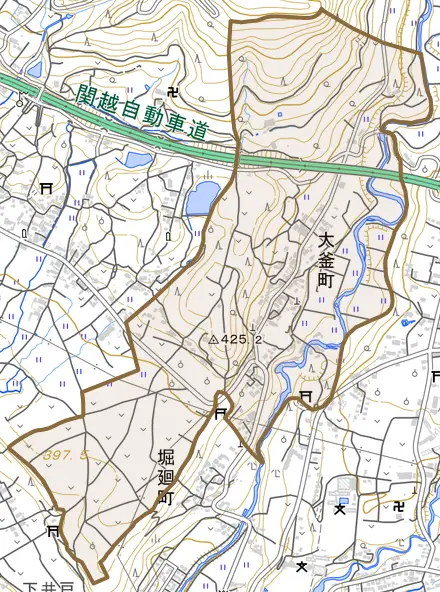 大釜町とその周辺の地図。町の範囲を重ねている