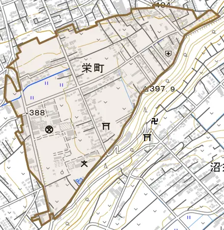 栄町とその周辺の地図。町の範囲を重ねている