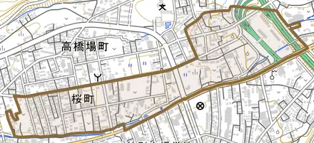 桜町とその周辺の地図。町の範囲を重ねている