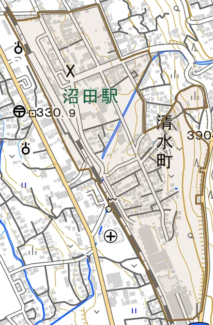 清水町とその周辺の地図。町の範囲を重ねている