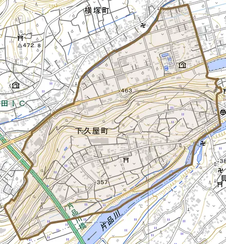 下久屋町とその周辺の地図。町の範囲を重ねている