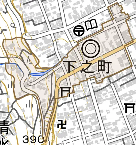 下之町とその周辺の地図。町の範囲を重ねている