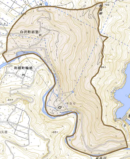 白沢町岩室とその周辺の地図。町の範囲を重ねている