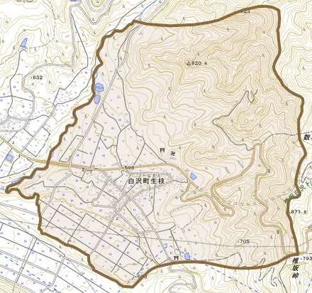 白沢町生枝とその周辺の地図。町の範囲を重ねている