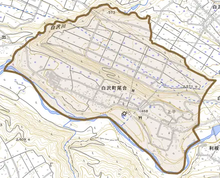 白沢町尾合とその周辺の地図。町の範囲を重ねている