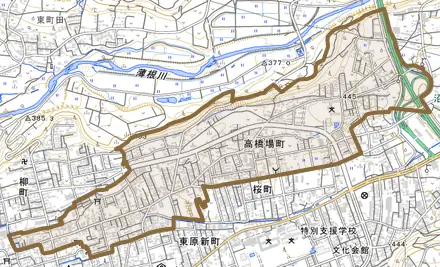 高橋場町とその周辺の地図。町の範囲を重ねている