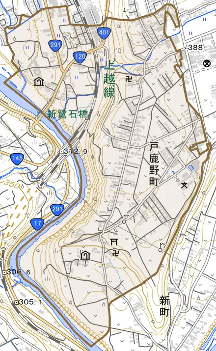 戸鹿野町とその周辺の地図。町の範囲を重ねている