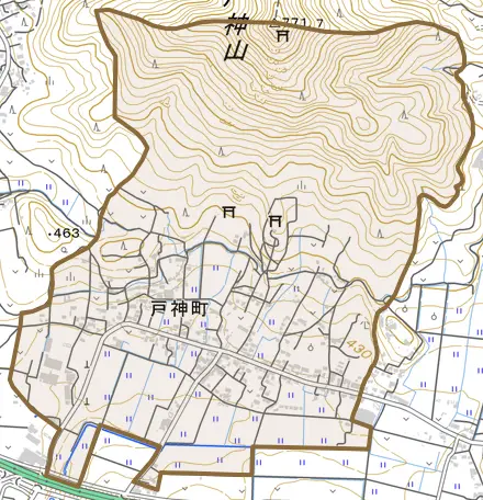 戸神町とその周辺の地図。町の範囲を重ねている