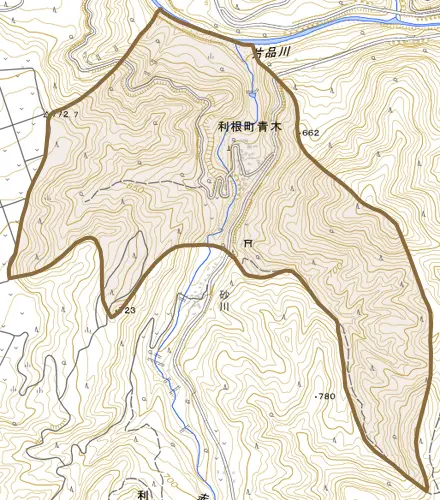 利根町青木とその周辺の地図。町の範囲を重ねている