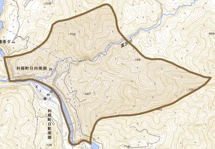 利根町日向南郷とその周辺の地図。町の範囲を重ねている