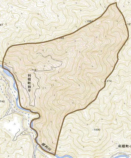 利根町柿平とその周辺の地図。町の範囲を重ねている