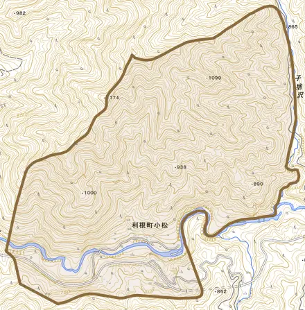 利根町小松とその周辺の地図。町の範囲を重ねている