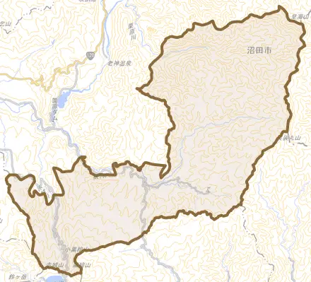 利根町根利とその周辺の地図。町の範囲を重ねている