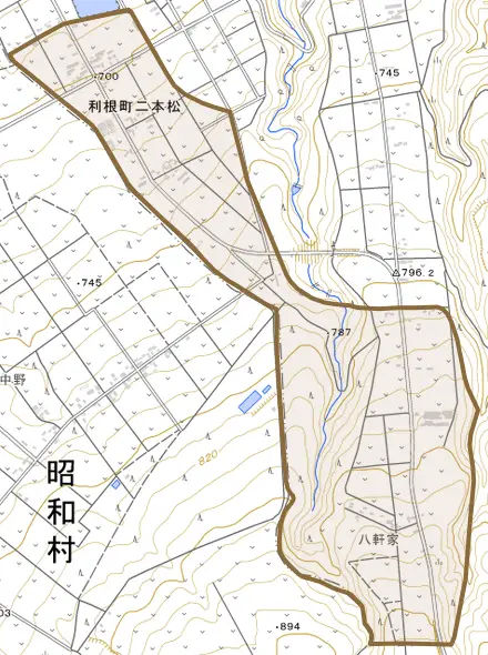 利根町二本松とその周辺の地図。町の範囲を重ねている