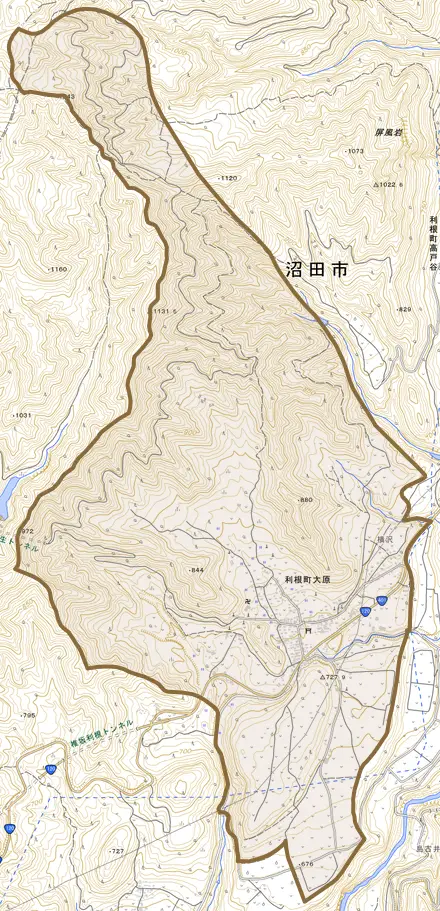 利根町大原とその周辺の地図。町の範囲を重ねている