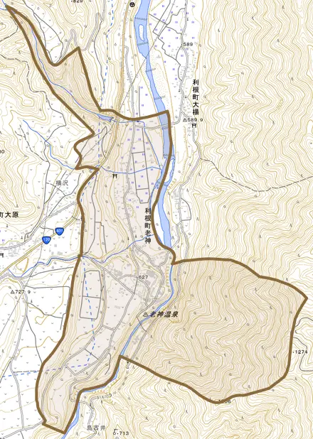 利根町老神とその周辺の地図。町の範囲を重ねている