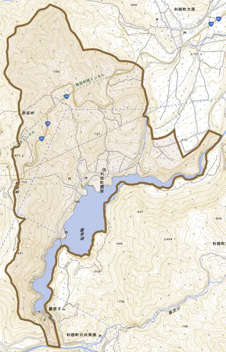 利根町園原とその周辺の地図。町の範囲を重ねている