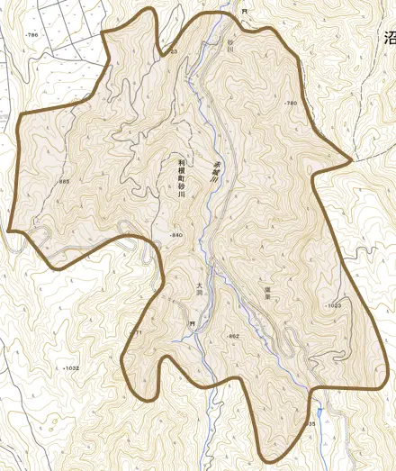 利根町砂川とその周辺の地図。町の範囲を重ねている