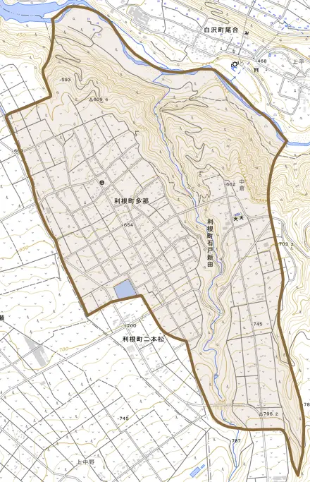 利根町多那とその周辺の地図。町の範囲を重ねている