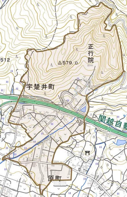 宇楚井町とその周辺の地図。町の範囲を重ねている