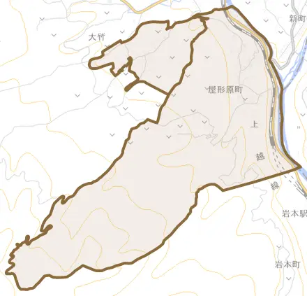 屋形原町とその周辺の地図。町の範囲を重ねている