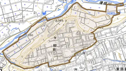 柳町とその周辺の地図。町の範囲を重ねている