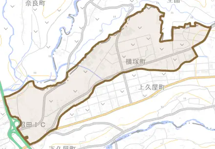 横塚町とその周辺の地図。町の範囲を重ねている