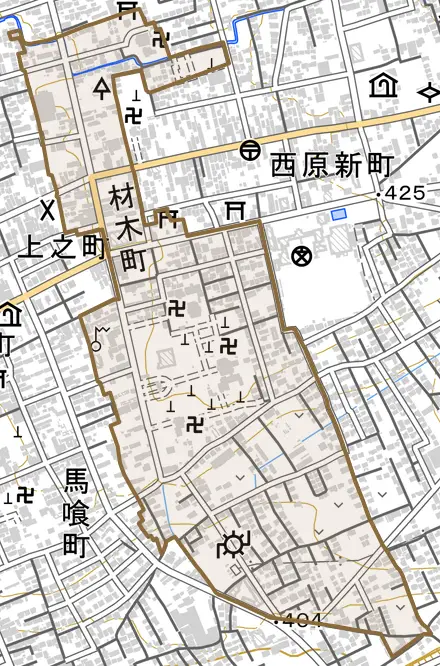 材木町とその周辺の地図。町の範囲を重ねている