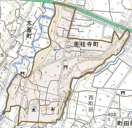 善桂寺町とその周辺の地図。町の範囲を重ねている