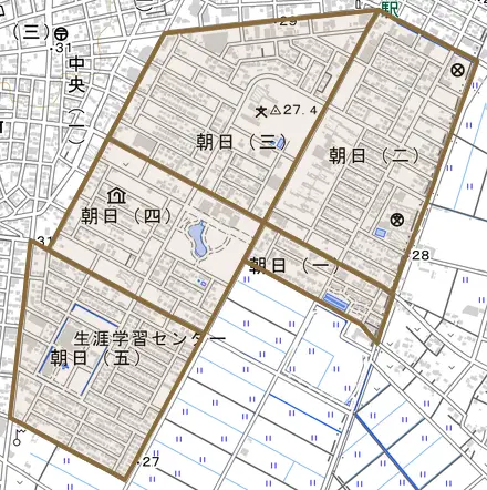 朝日とその周辺の地図。町の範囲を重ねている