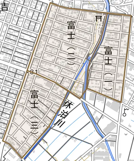 富士とその周辺の地図。町の範囲を重ねている