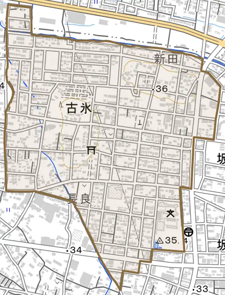 大字古氷とその周辺の地図。町の範囲を重ねている