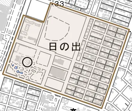 日の出とその周辺の地図。町の範囲を重ねている