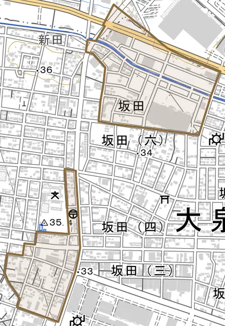 大字坂田とその周辺の地図。町の範囲を重ねている