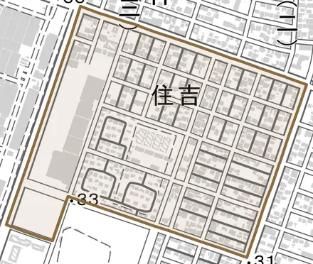 住吉とその周辺の地図。町の範囲を重ねている