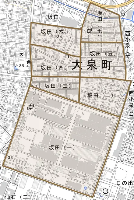 坂田とその周辺の地図。町の範囲を重ねている
