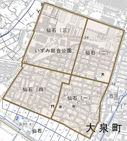 仙石とその周辺の地図。町の範囲を重ねている