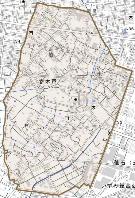 大字寄木戸とその周辺の地図。町の範囲を重ねている
