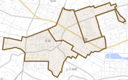 大字赤堀とその周辺の地図。町の範囲を重ねている