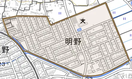 大字明野とその周辺の地図。町の範囲を重ねている