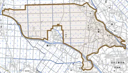 大字秋妻とその周辺の地図。町の範囲を重ねている