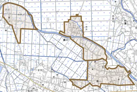 大字藤川とその周辺の地図。町の範囲を重ねている
