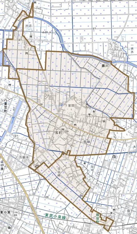 大字石打とその周辺の地図。町の範囲を重ねている
