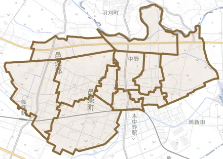 大字中野とその周辺の地図。町の範囲を重ねている