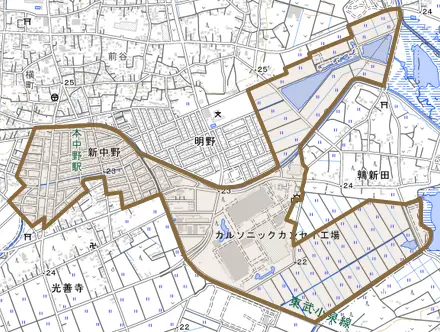 大字新中野とその周辺の地図。町の範囲を重ねている