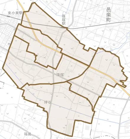 大字篠塚とその周辺の地図。町の範囲を重ねている