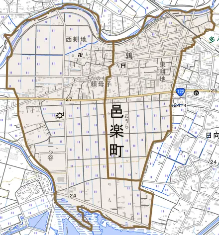 大字鶉とその周辺の地図。町の範囲を重ねている