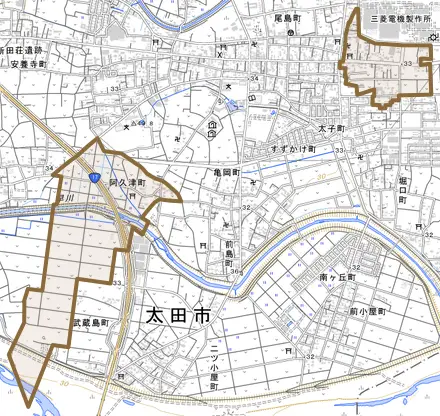 阿久津町とその周辺の地図。町の範囲を重ねている