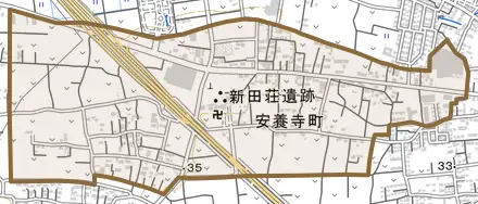 安養寺町とその周辺の地図。町の範囲を重ねている